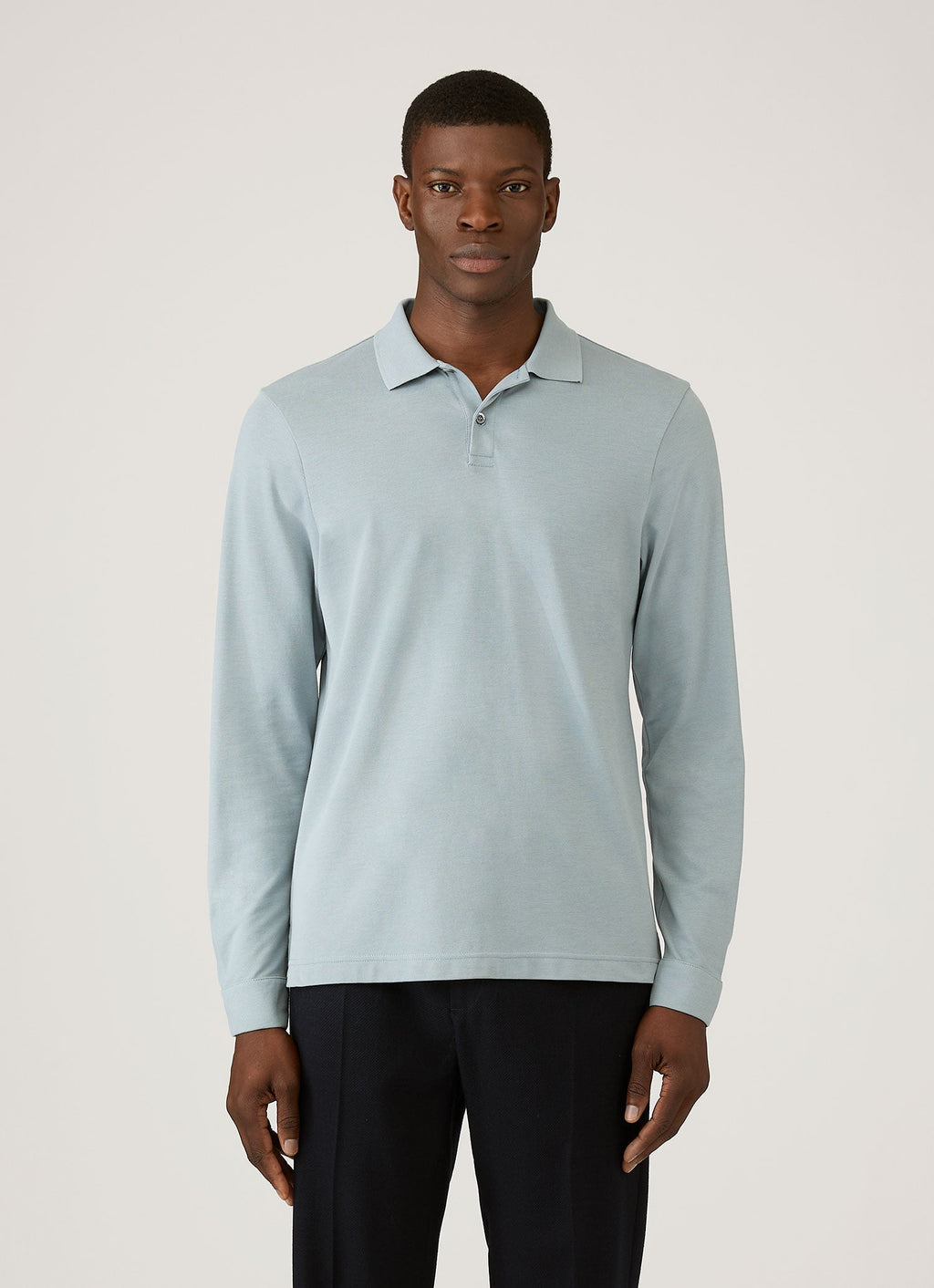 Men's Long Sleeve Piqu¨¦ Polo Shirt in Stone Blue