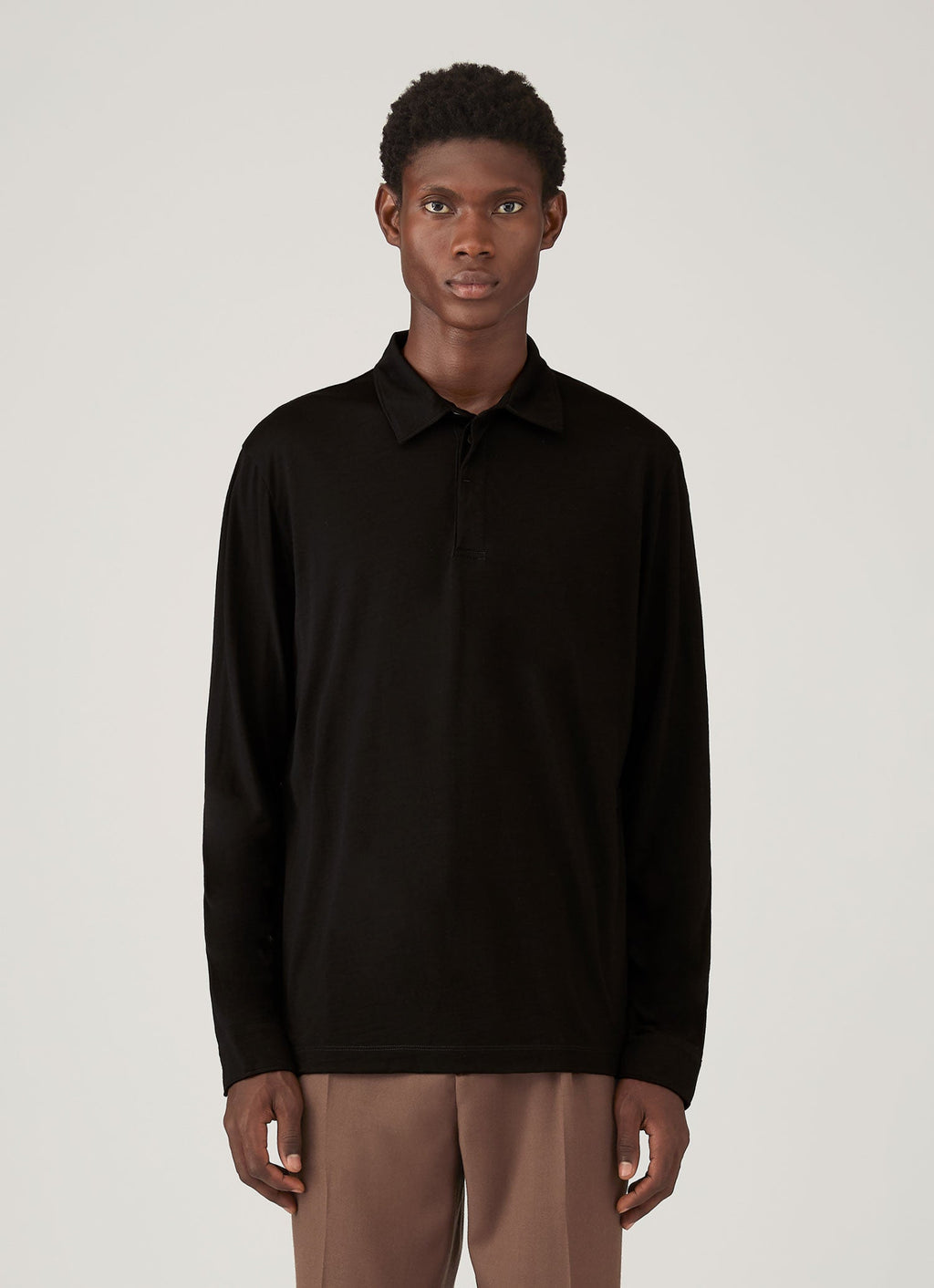 Men's Long Sleeve Ultra-Fine Merino Polo Shirt in Black