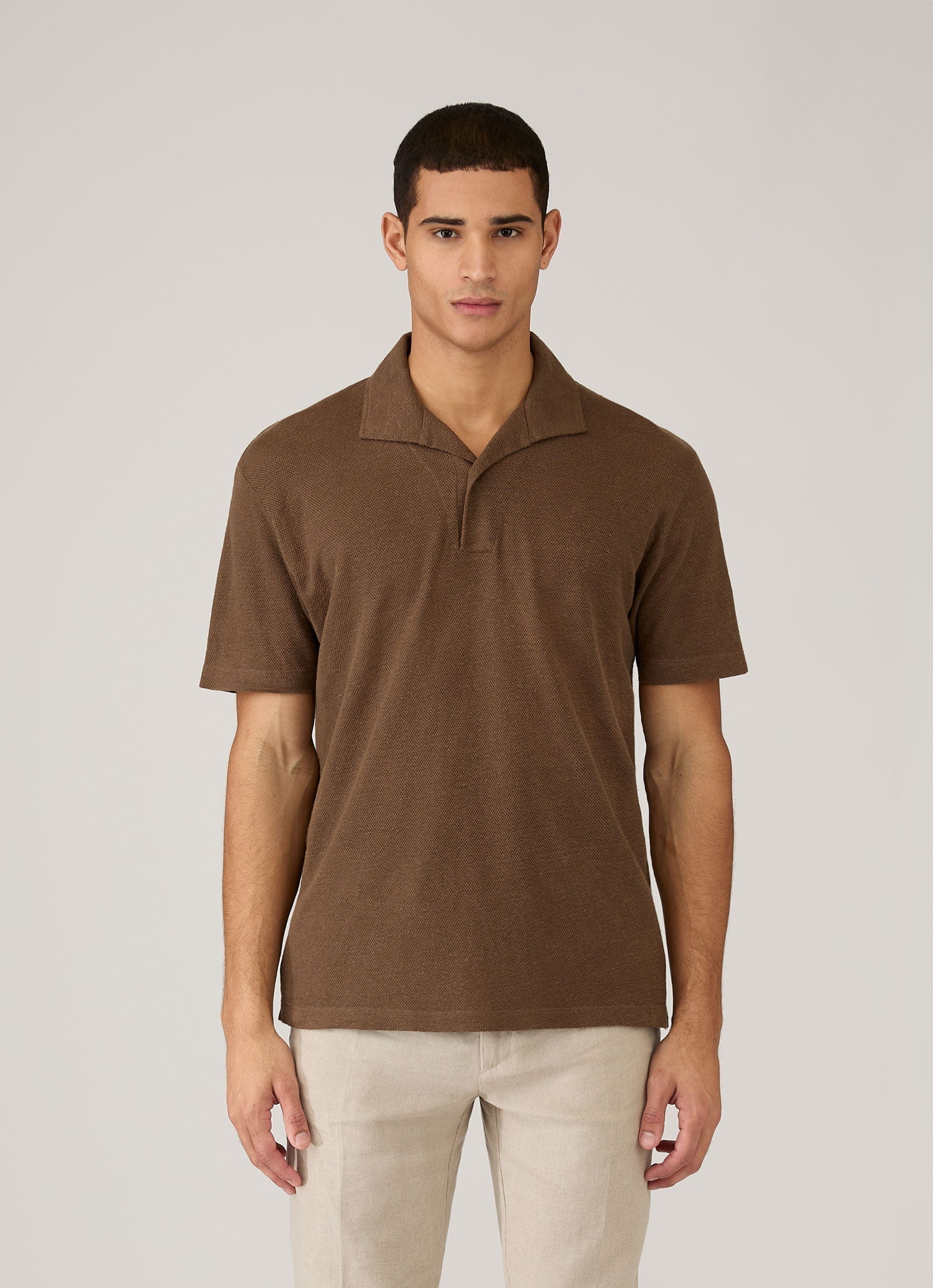 Men's Linen Piqu¨¦ Polo Shirt in Dark Walnut