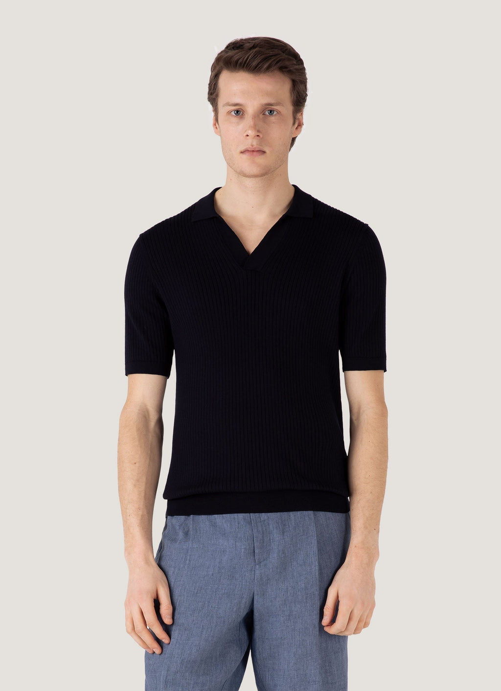 Men's Fine Rib Silk Cotton Polo in Navy