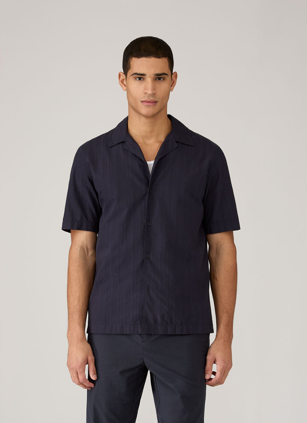 Men's Textured Stripe Camp Collar Shirt in Navy
